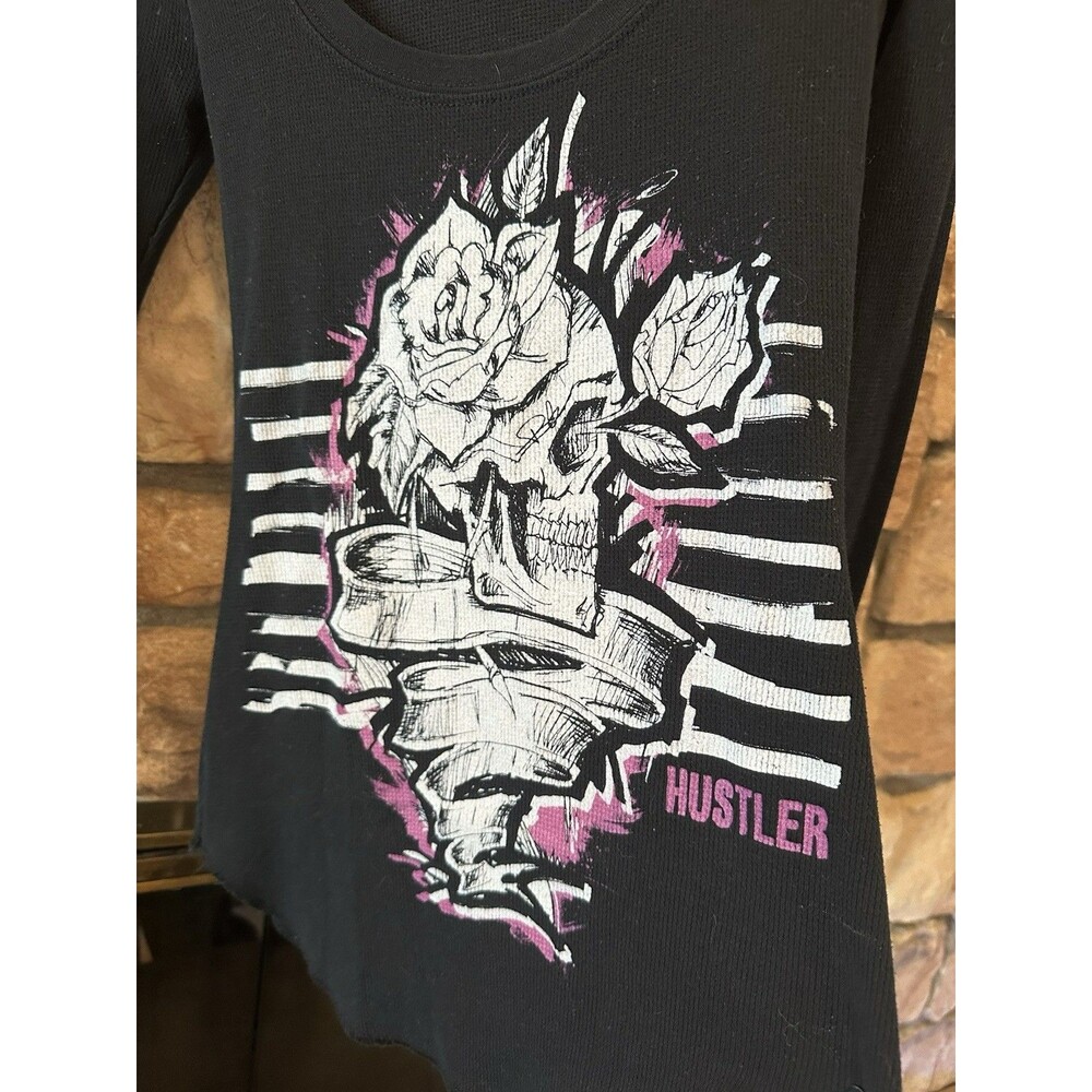 VTG Y2K Hustler Hardcore Long Sleeve Thermal Waffle Skull Paper Tag Rose XS/S - Picture 2 of 4